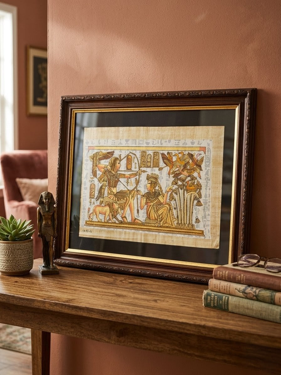 Egyptian Glow in the Dark Papyrus Art | Tutankhamun & Nefertiti Hunting Scene