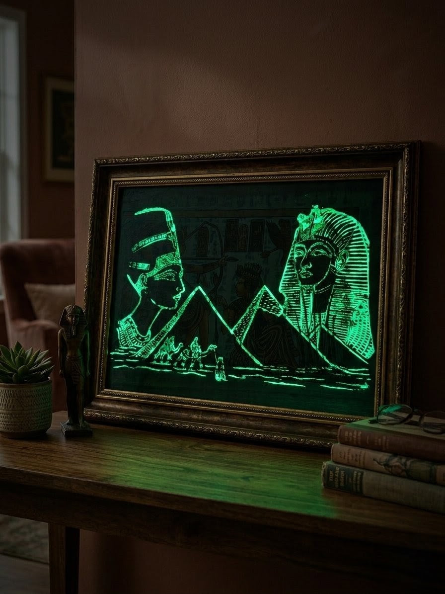 Egyptian Glow in the Dark Papyrus Art | Tutankhamun & Nefertiti Hunting Scene
