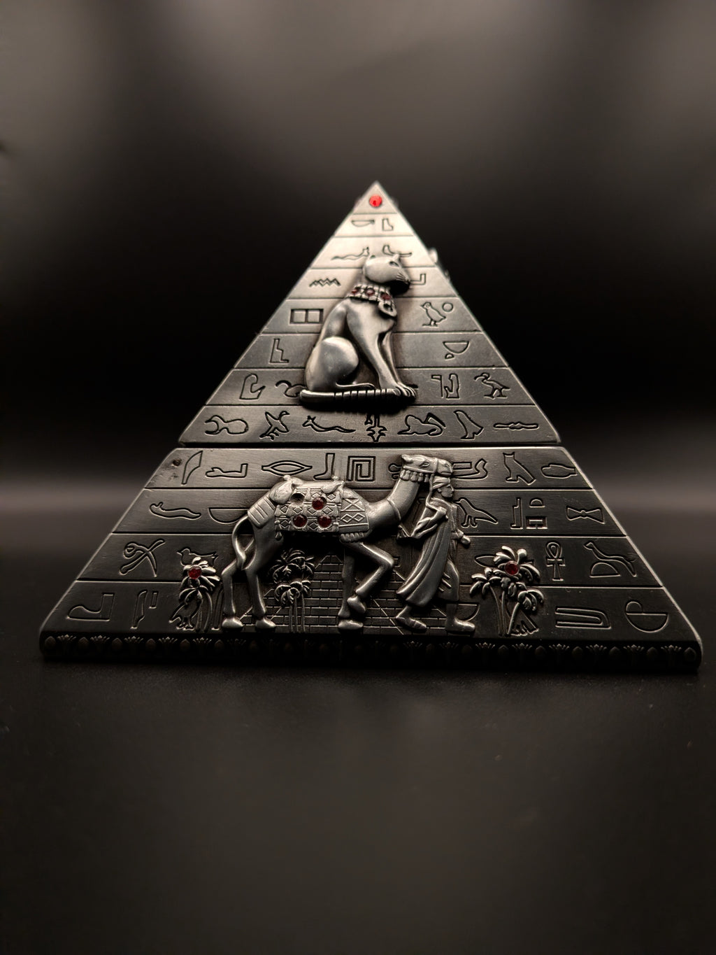 Handcrafted Egyptian pyramid jewellery box with hieroglyphic carvings, made by artisans in Luxor, Egypt