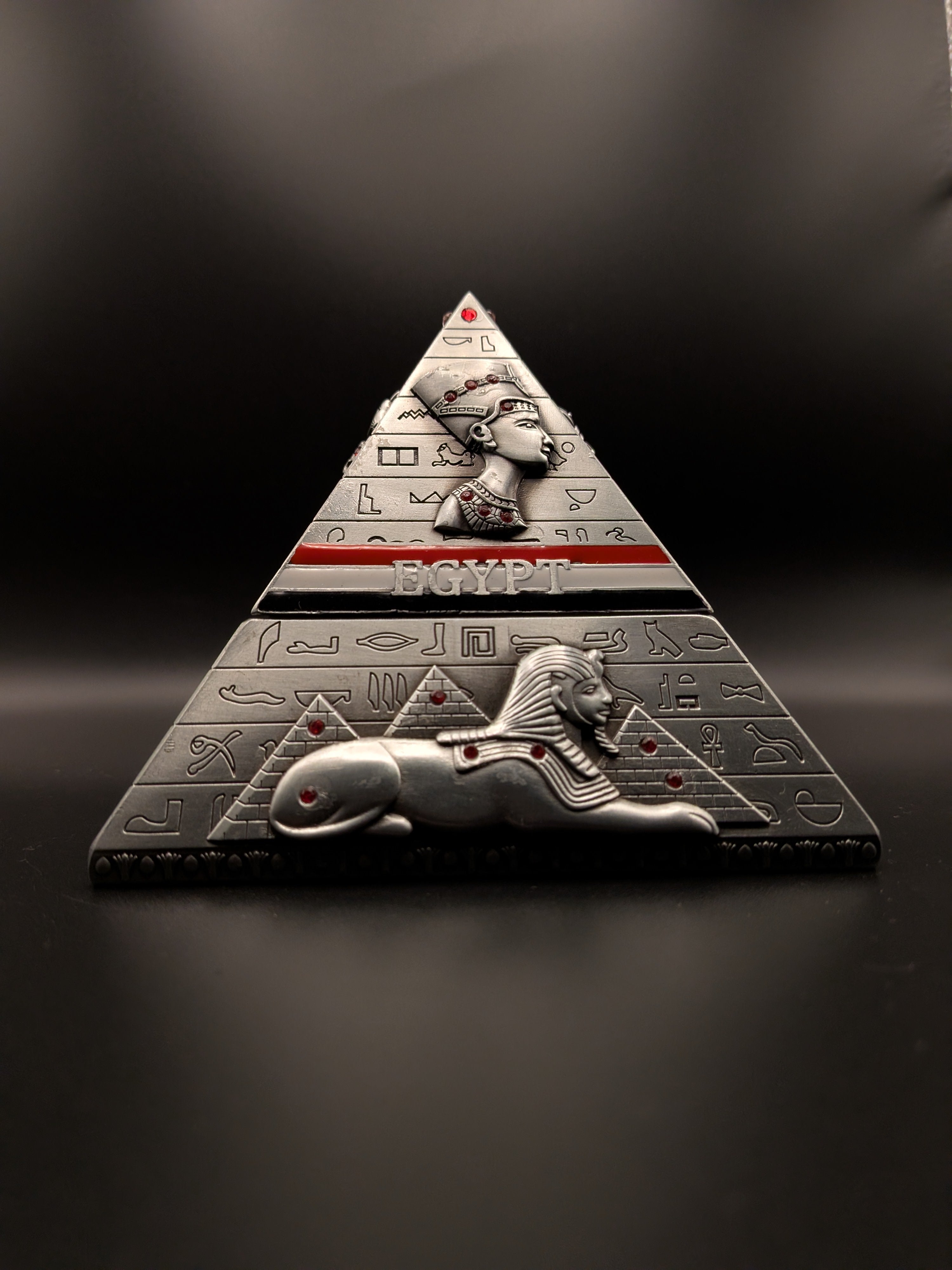 Handcrafted Egyptian pyramid jewellery box with hieroglyphic carvings, made by artisans in Luxor, Egypt