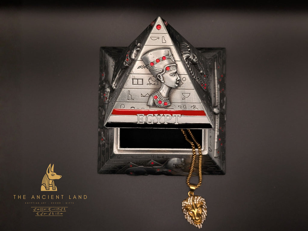 Handcrafted Egyptian pyramid jewellery box with hieroglyphic carvings, made by artisans in Luxor, Egypt