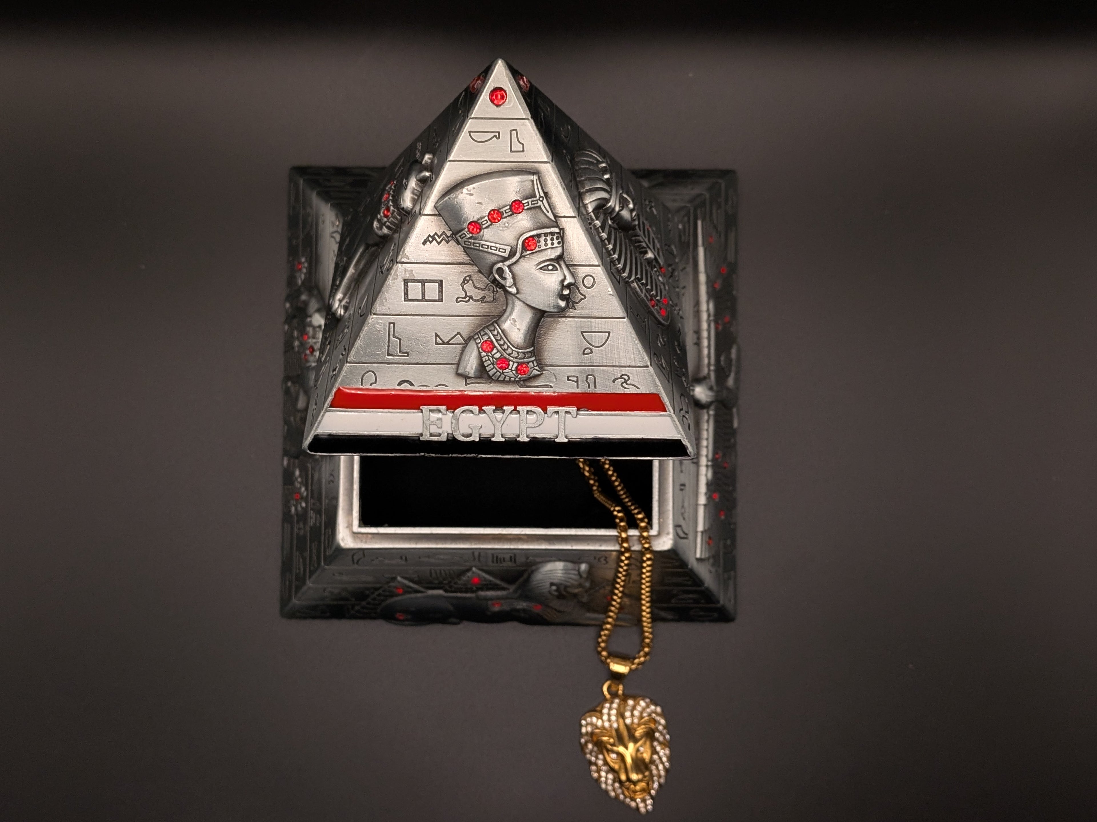 Handcrafted Egyptian pyramid jewellery box with hieroglyphic carvings, made by artisans in Luxor, Egypt
