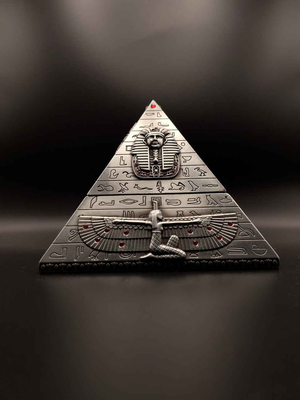 Handcrafted Egyptian pyramid jewellery box with hieroglyphic carvings, made by artisans in Luxor, Egypt