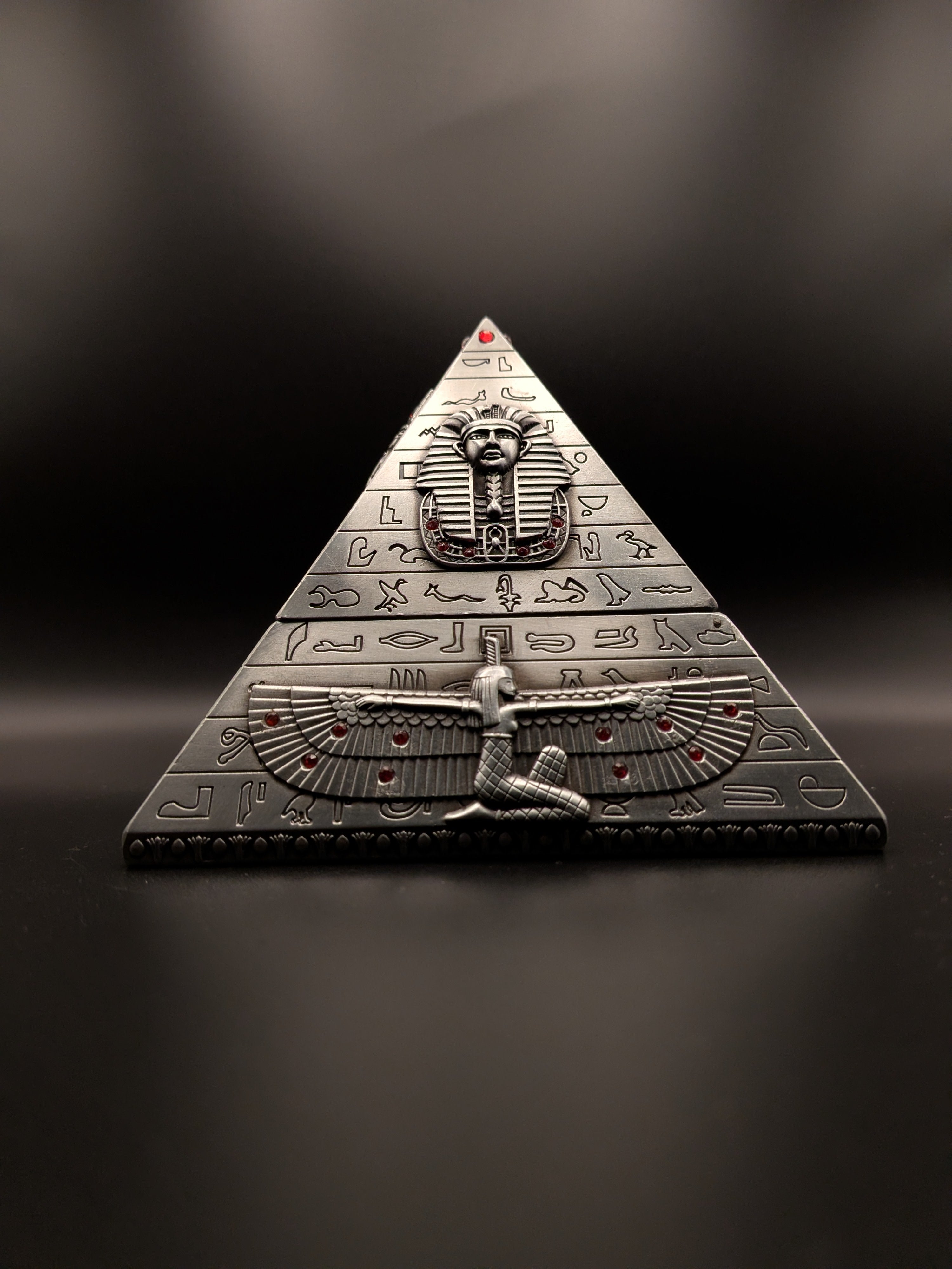 Handcrafted Egyptian pyramid jewellery box with hieroglyphic carvings, made by artisans in Luxor, Egypt