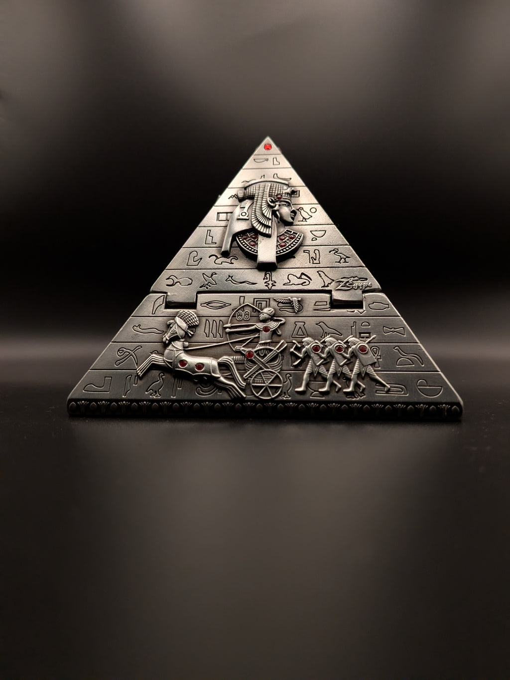 Handcrafted Egyptian pyramid jewellery box with hieroglyphic carvings, made by artisans in Luxor, Egypt