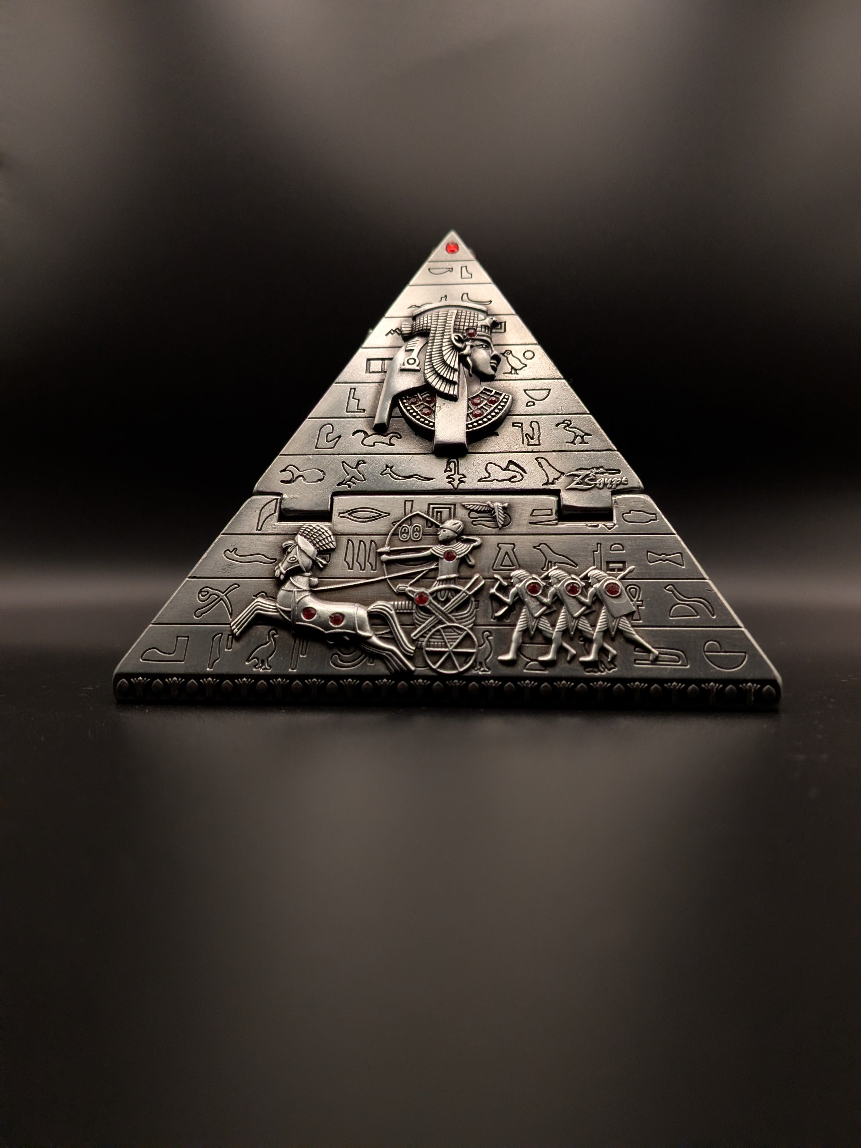 Handcrafted Egyptian pyramid jewellery box with hieroglyphic carvings, made by artisans in Luxor, Egypt
