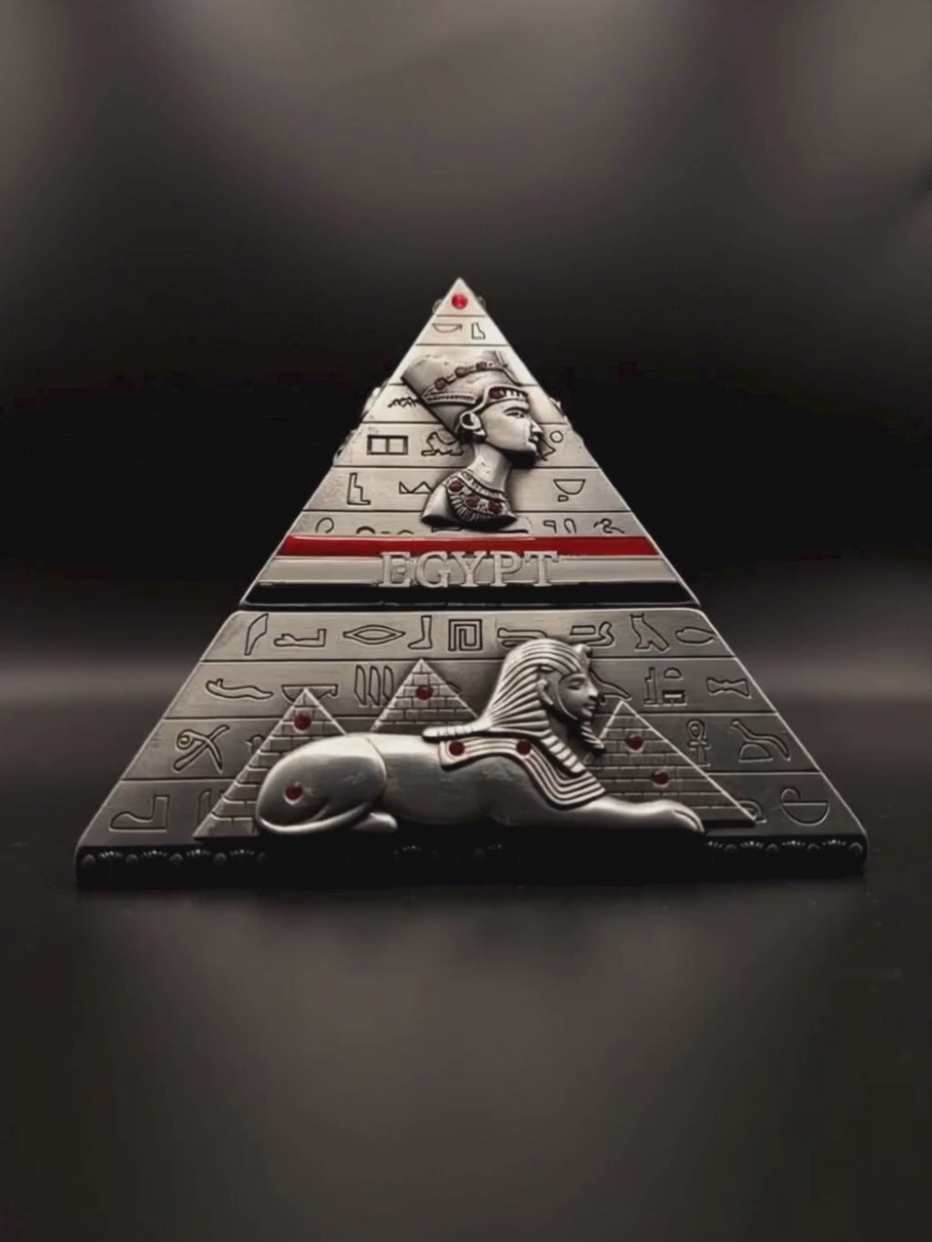 Handcrafted Egyptian pyramid jewellery box with hieroglyphic carvings, made by artisans in Luxor, Egypt