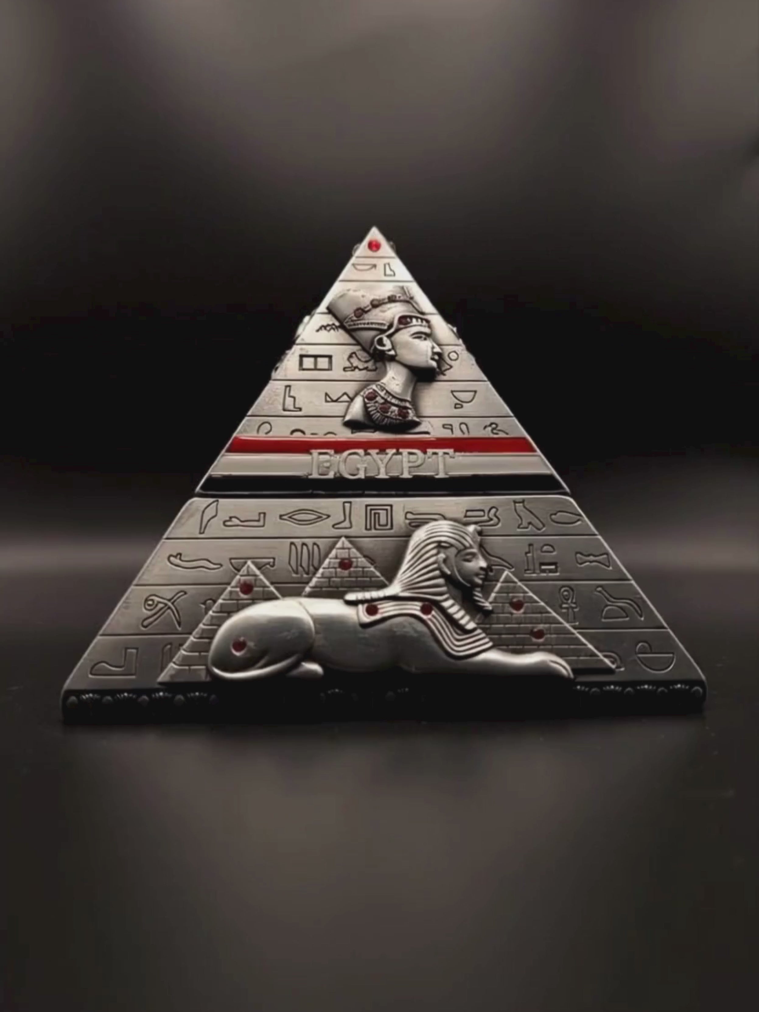 Handcrafted Egyptian pyramid jewellery box with hieroglyphic carvings, made by artisans in Luxor, Egypt